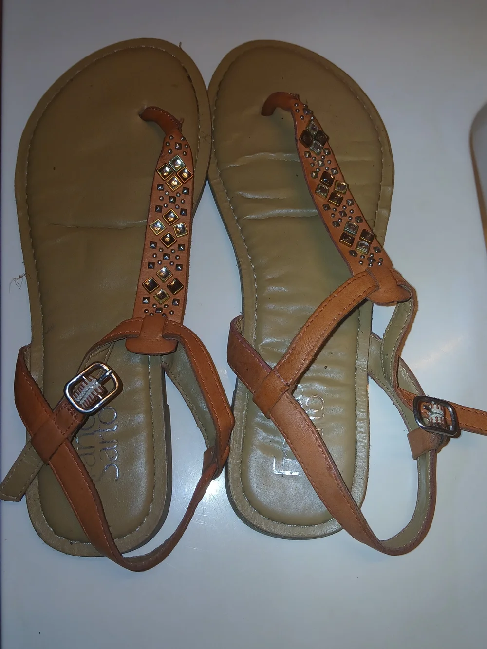 Women’s Embellished Tan T-Strap Sandals